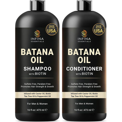 Infina Essentials Batana Oil Shampoo and Conditioner Set front view showing two sixteen fluid ounce bottles for hair growth