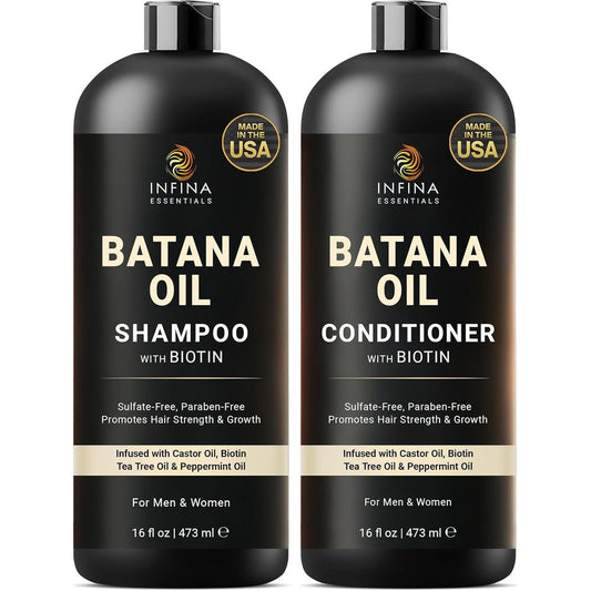 Infina Essentials Batana Oil Shampoo and Conditioner Set front view showing two sixteen fluid ounce bottles for hair growth