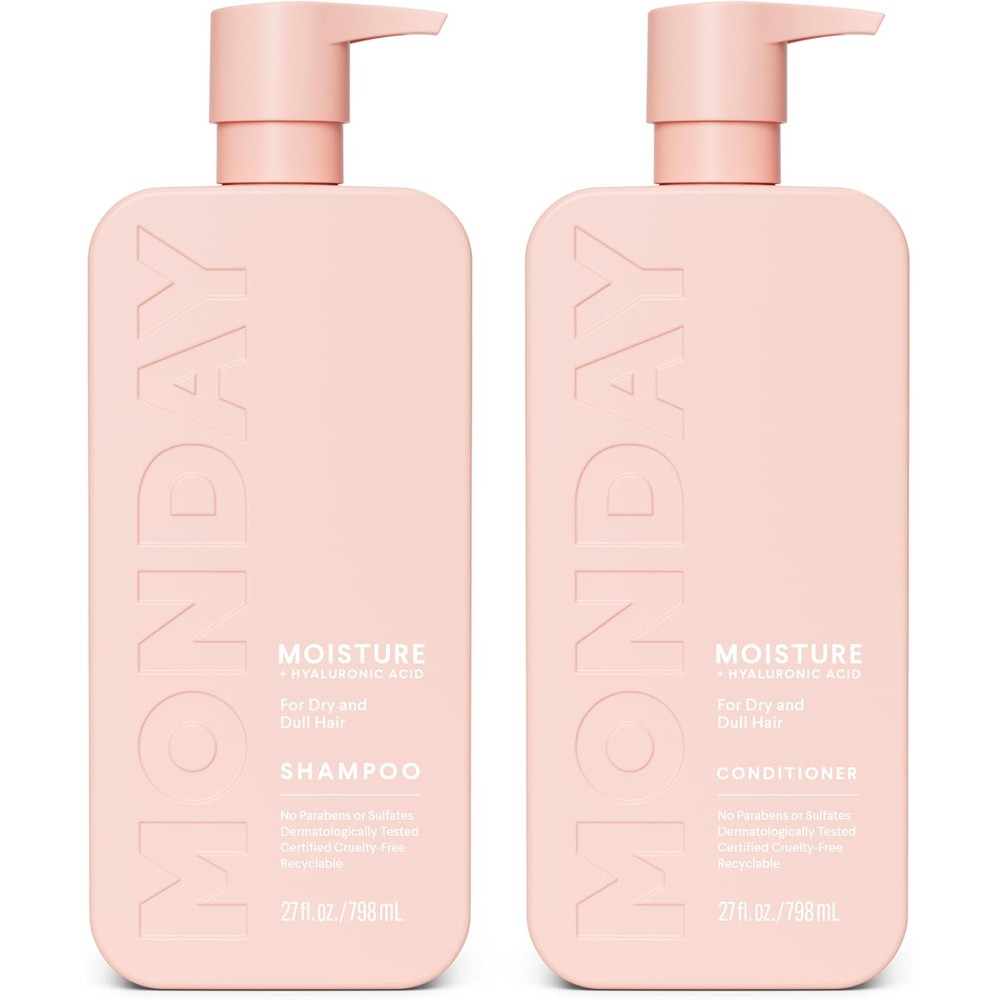 Monday Haircare Moisture Shampoo and Conditioner twin pack front view showcasing the iconic pink bottles.