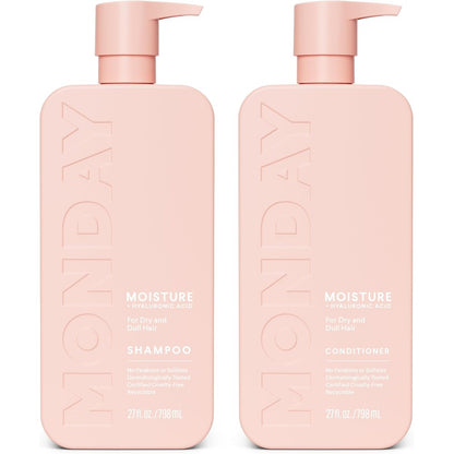Monday Haircare Moisture Shampoo and Conditioner twin pack front view showcasing the iconic pink bottles.