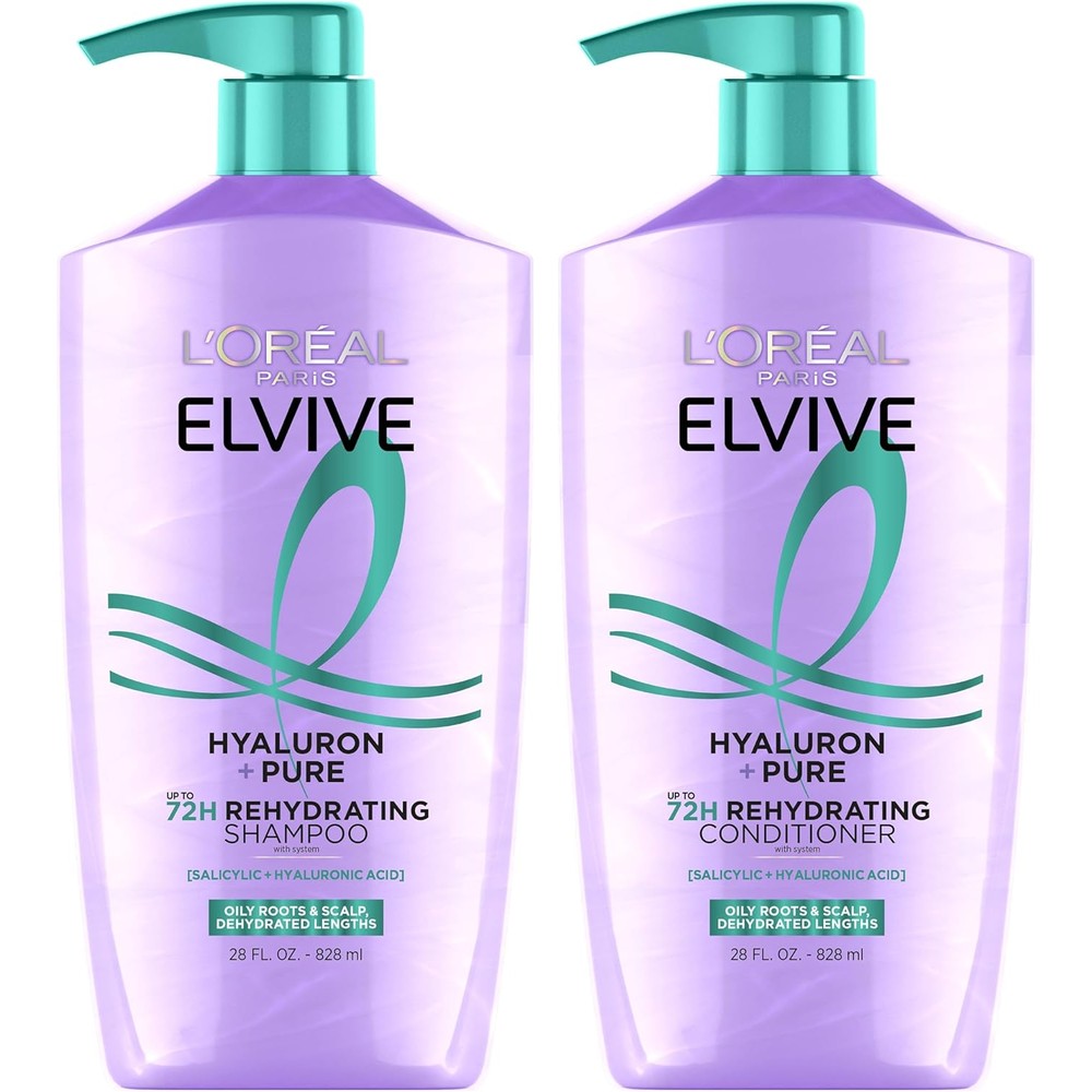 L'Oreal Paris Elvive Hyaluron Plus Pure clarifying shampoo and rehydrating conditioner set front view showcasing the large 28 fluid ounce bottles
