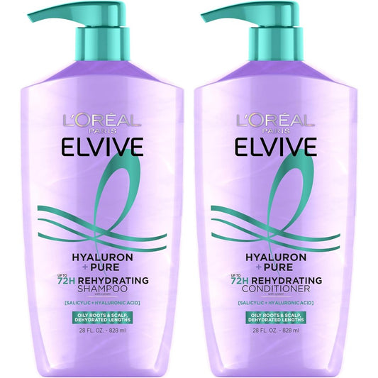 L'Oreal Paris Elvive Hyaluron Plus Pure clarifying shampoo and rehydrating conditioner set front view showcasing the large 28 fluid ounce bottles