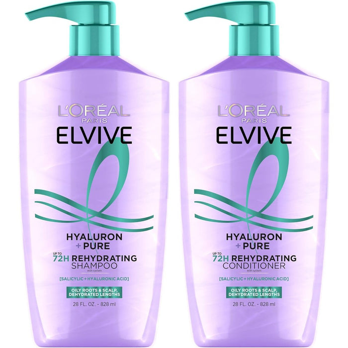L'Oreal Paris Elvive Hyaluron Pure shampoo and conditioner set front view. Commercial hair care.