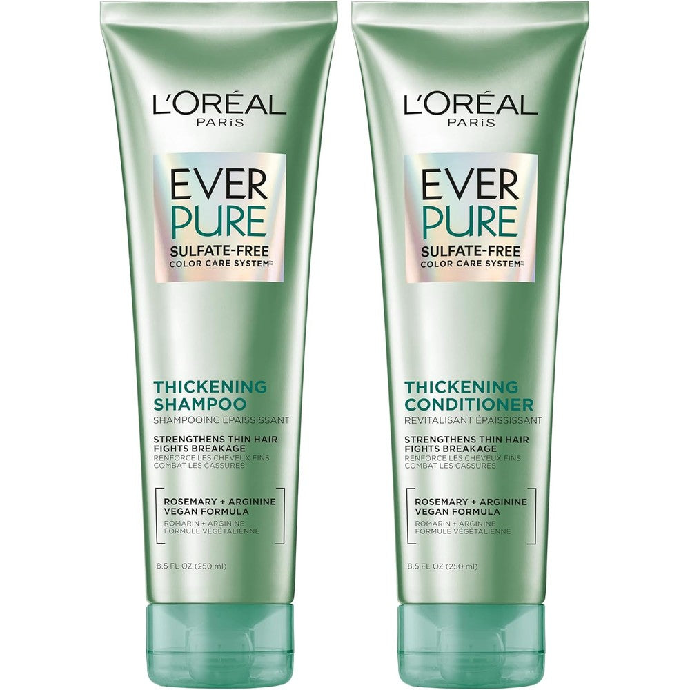 L'Oreal Paris EverPure Thickening Shampoo and Conditioner front view for fine hair care
