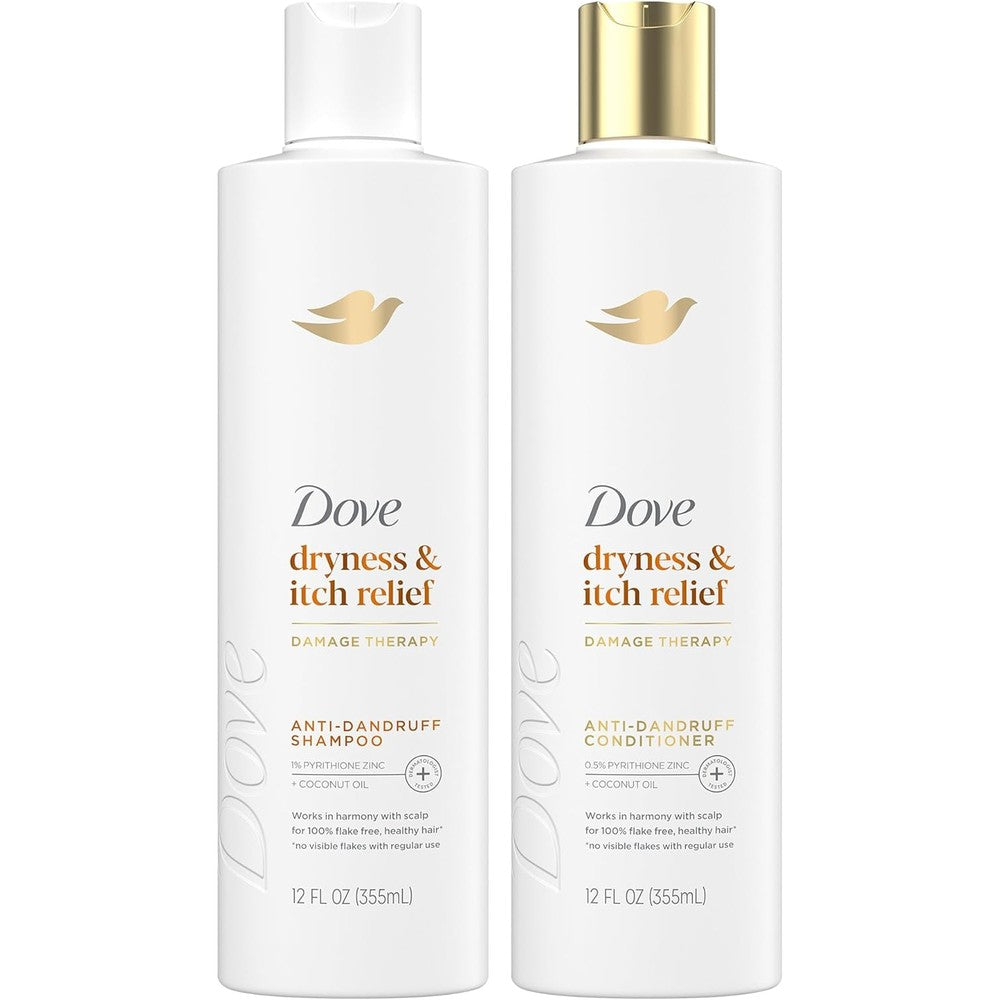 Dove DermaCare Scalp Dryness and Itch Relief shampoo and conditioner set front view commercial shot