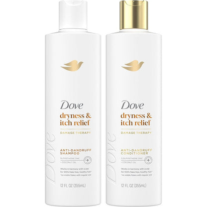 Dove DermaCare Scalp Dryness and Itch Relief shampoo and conditioner set front view commercial shot