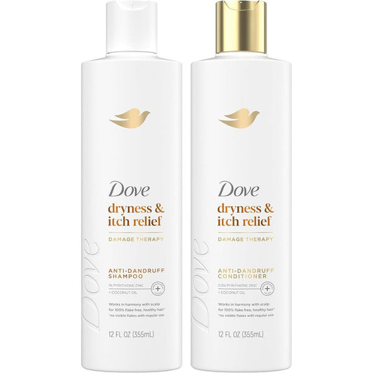 Dove DermaCare Scalp Dryness and Itch Relief shampoo and conditioner set front view commercial shot