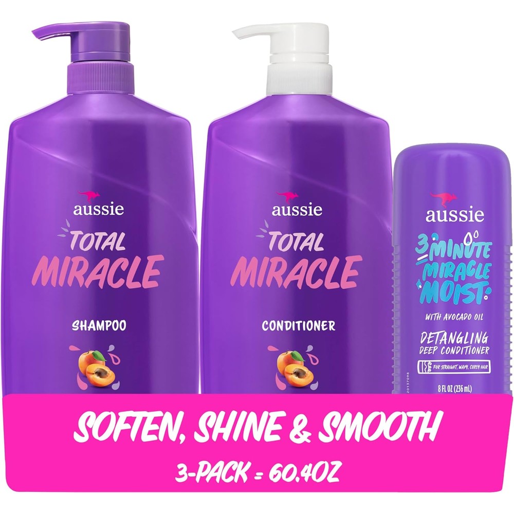 Aussie Total Miracle Hair Care Bundle front view including shampoo conditioner and deep treatment bottles