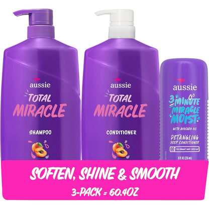Aussie Total Miracle Hair Care Bundle front view including shampoo conditioner and deep treatment bottles