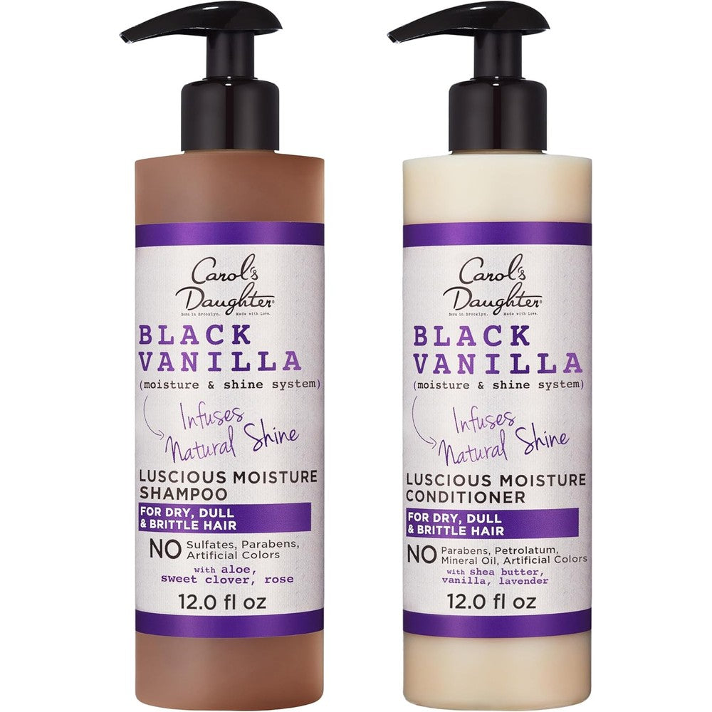 Carol's Daughter Black Vanilla shampoo and conditioner set front view showcasing moisturizing curly hair care benefits.