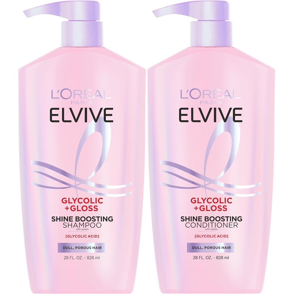 L'Oreal Paris Elvive Glycolic Plus Gloss Shine Boosting Shampoo and Conditioner set front view for mirror like hair shine.