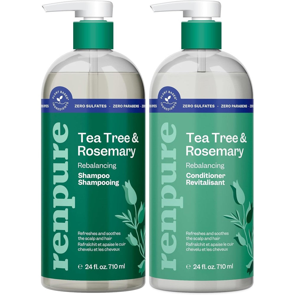 Renpure tea tree and rosemary shampoo and conditioner set front view showcasing the plant based packaging