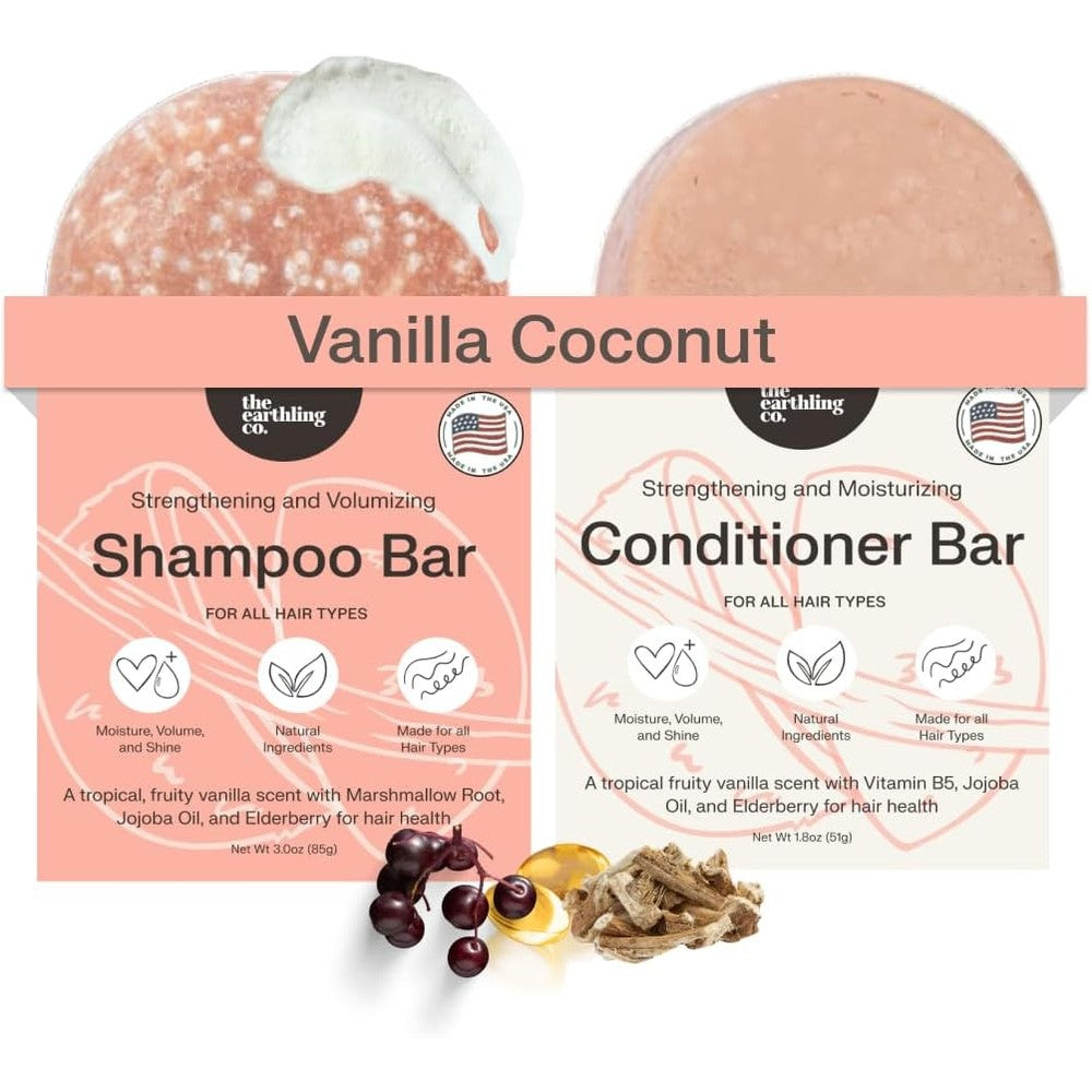 The Earthling Co. Shampoo and Conditioner Bar Set front view of vanilla coconut solid bars for volumizing hair care.