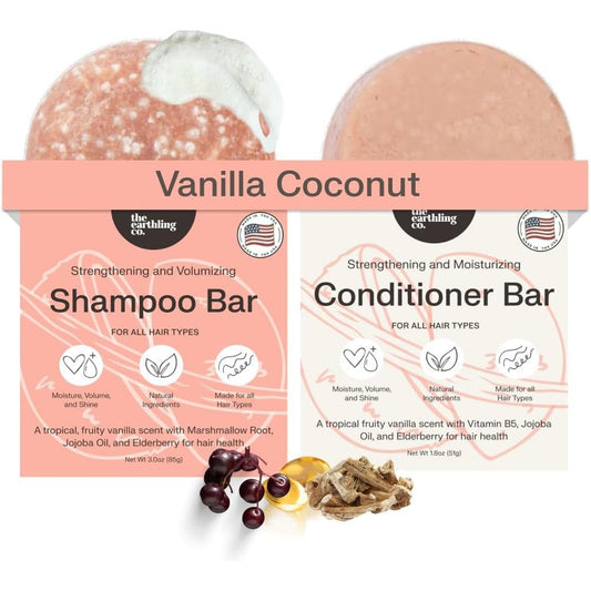 The Earthling Co. Shampoo and Conditioner Bar Set front view of vanilla coconut solid bars for volumizing hair care.