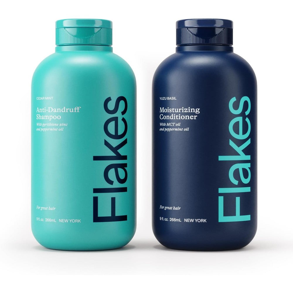 Flakes anti dandruff shampoo and conditioner set front view bottle packaging for dry scalp care.