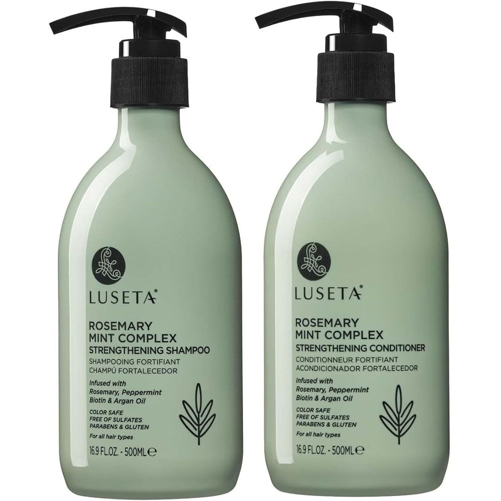 Luseta Rosemary Mint Strengthening Shampoo and Conditioner bottles front view for hair health.