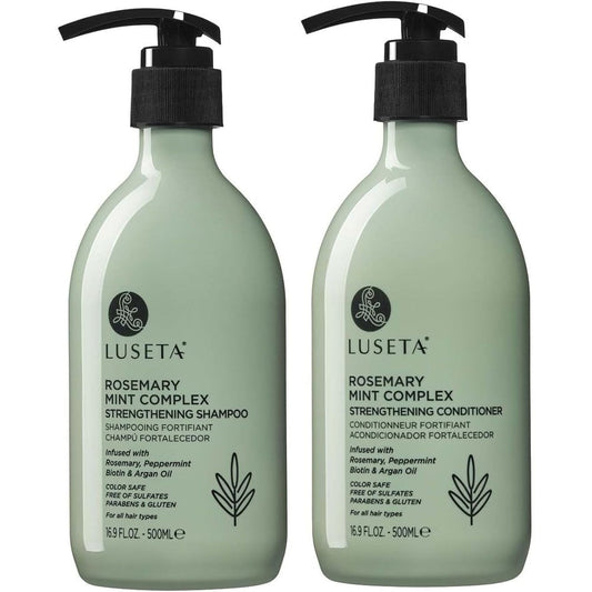 Luseta Rosemary Mint Strengthening Shampoo and Conditioner bottles front view for hair health.