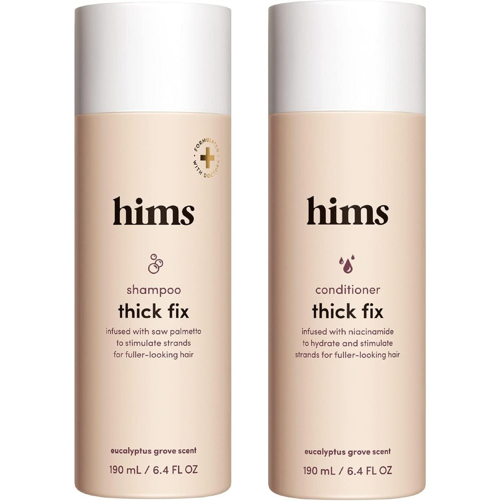 Hims Thick Fix Shampoo and Conditioner Set front view showing two bottles for hair thickening