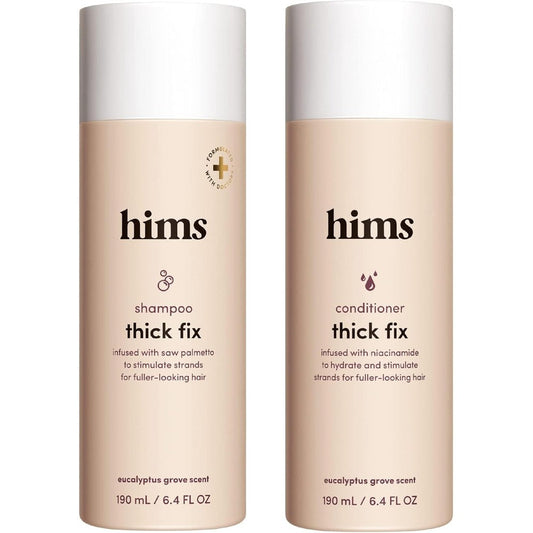 Hims Thick Fix Shampoo and Conditioner Set front view showing two bottles for hair thickening