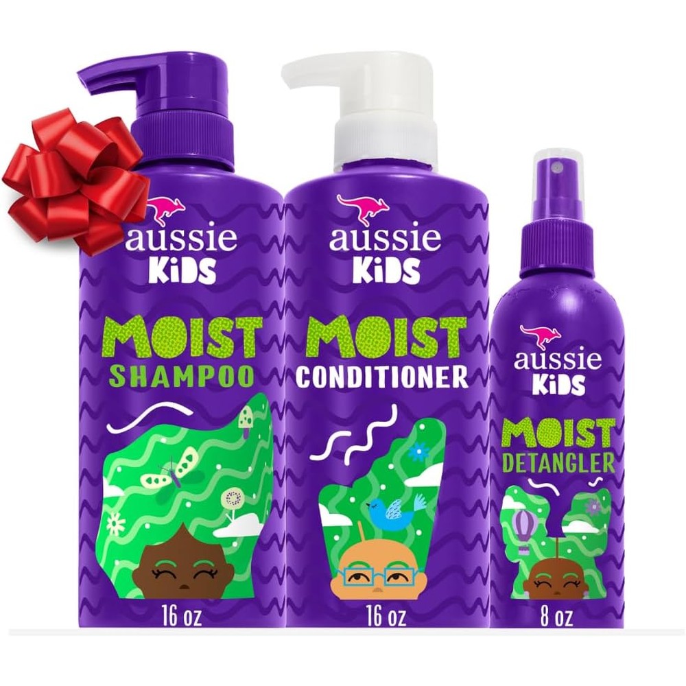 Aussie Kids Moist Hair Care Bundle front view showing purple bottles of shampoo, conditioner, and detangler spray