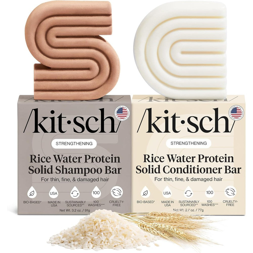 Kitsch Rice Water Protein Solid Shampoo and Conditioner Set front view showing both bars for hair growth