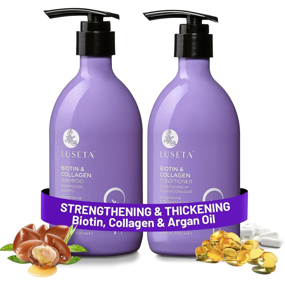 Luseta Biotin and Collagen Shampoo and Conditioner Set front view showing the twin premium purple bottles.