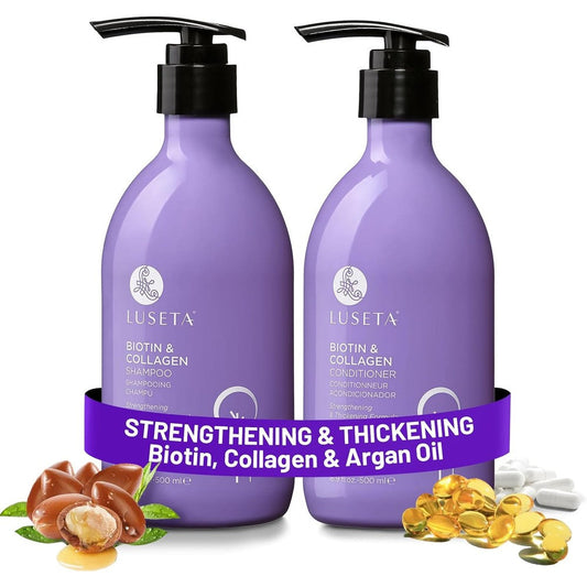 Luseta Biotin and Collagen Shampoo and Conditioner Set front view showing the twin premium purple bottles.