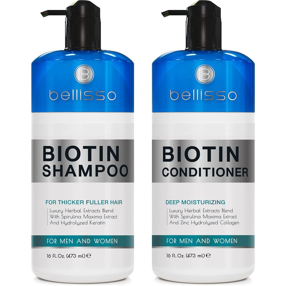 BELLISSO Biotin Shampoo and Conditioner set front view for hair thickening