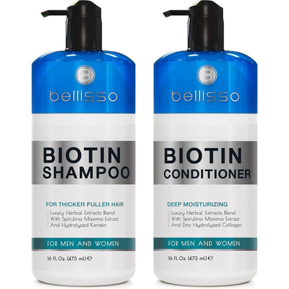 BELLISSO Biotin Shampoo and Conditioner set front view for hair thickening