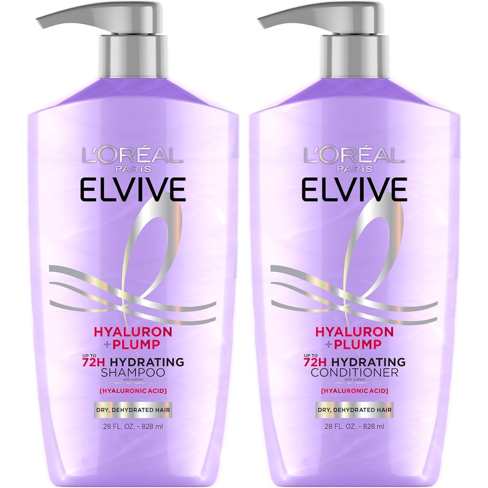 L'Oreal Paris Elvive Hyaluron Plump shampoo and conditioner set front view showcasing the large purple bottles