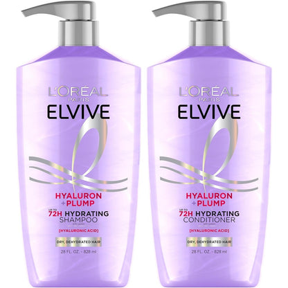 L'Oreal Paris Elvive Hyaluron Plump shampoo and conditioner set front view showcasing the large purple bottles