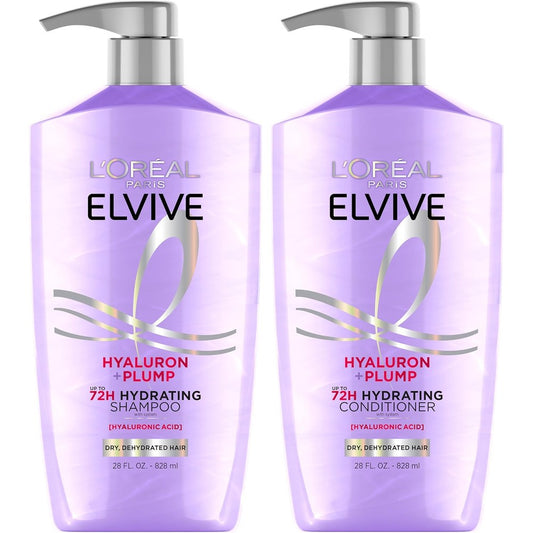 L'Oreal Paris Elvive Hyaluron Plump shampoo and conditioner set front view showcasing the large purple bottles