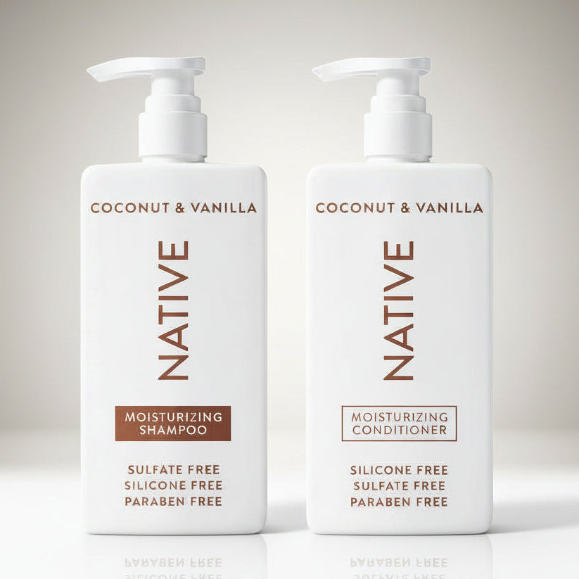 Native Coconut and Vanilla Shampoo and Conditioner twin pack front view showing minimalist white bottles with pump dispensers