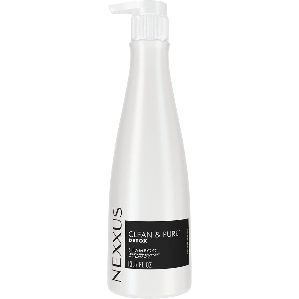 Nexxus Clean and Pure Clarifying Shampoo front view bottle with white pump dispenser