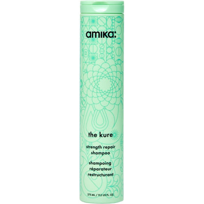 Amika The Kure Strength Repair Shampoo front view of light green bottle for damaged hair care.