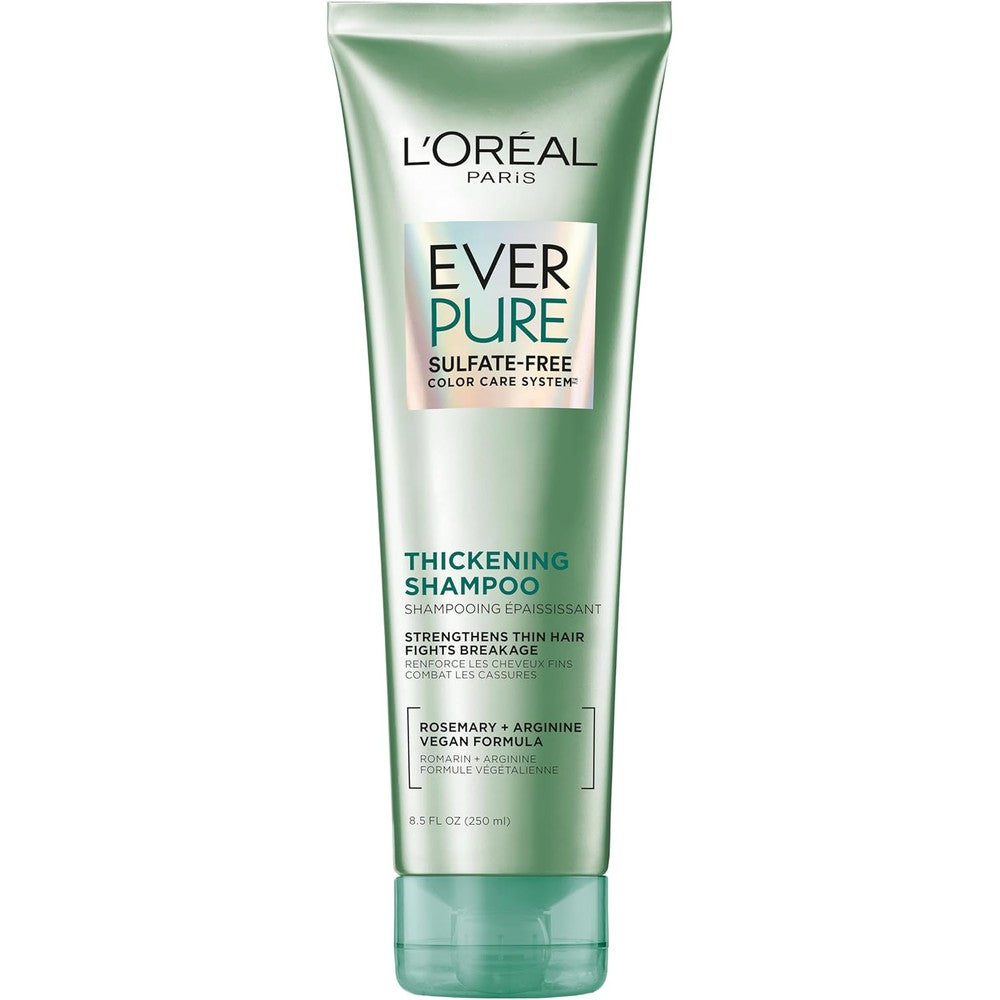 L'Oreal Paris EverStrong Sulfate Free Thickening Shampoo front view bottle for hair strengthening.