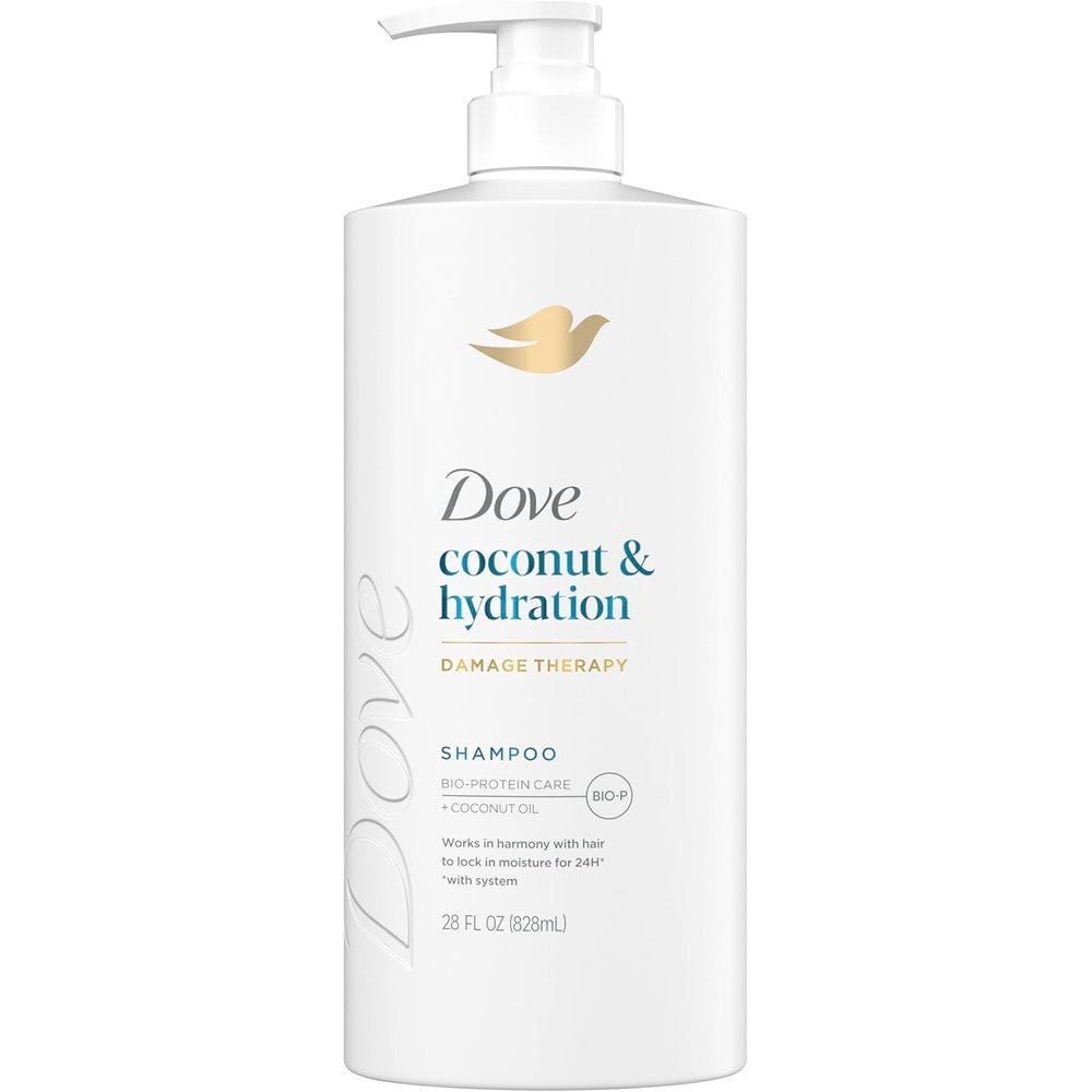 Dove Coconut and Hydration Shampoo front view bottle showing product details and size.