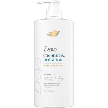 Dove Coconut and Hydration Shampoo front view bottle showing product details and size.