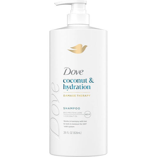 Dove Coconut and Hydration Shampoo front view bottle showing product details and size.