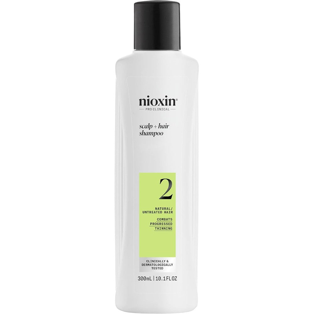 Nioxin System 2 Scalp and Hair Thickening Shampoo front view bottle for natural hair with progressed thinning.