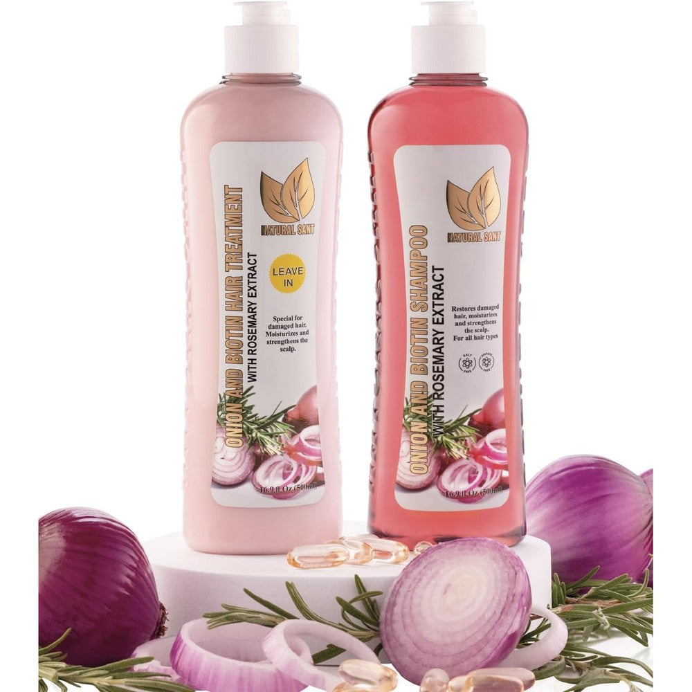 Natural Sant Onion Biotin and Rosemary Shampoo and Treatment Set front view for anti hair loss care