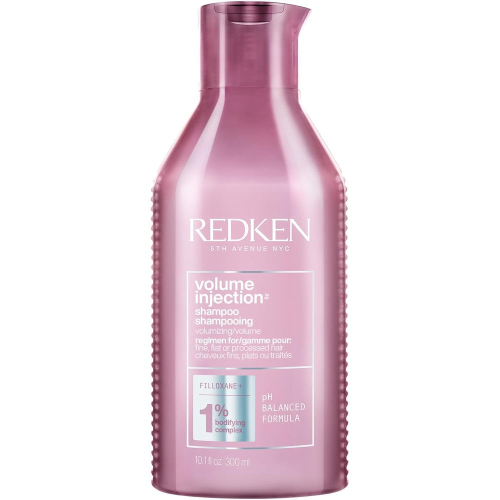 Redken Volume Injection Shampoo front view of the imported salon bottle for fine hair