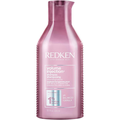 Redken Volume Injection Shampoo front view of the imported salon bottle for fine hair