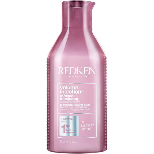 Redken Volume Injection Shampoo front view of the imported salon bottle for fine hair