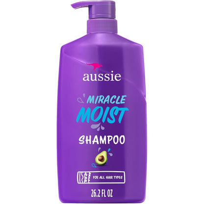 Aussie Miracle Moist Shampoo front view of purple bottle with pump dispenser