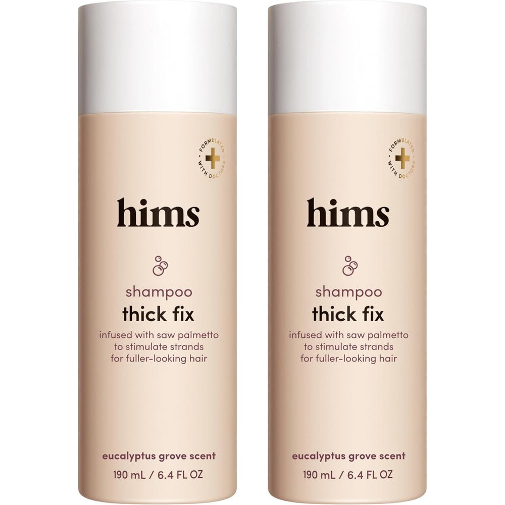 Hims Thick Fix Shampoo twin pack front view showing beige bottles