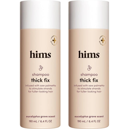 Hims Thick Fix Shampoo twin pack front view showing beige bottles