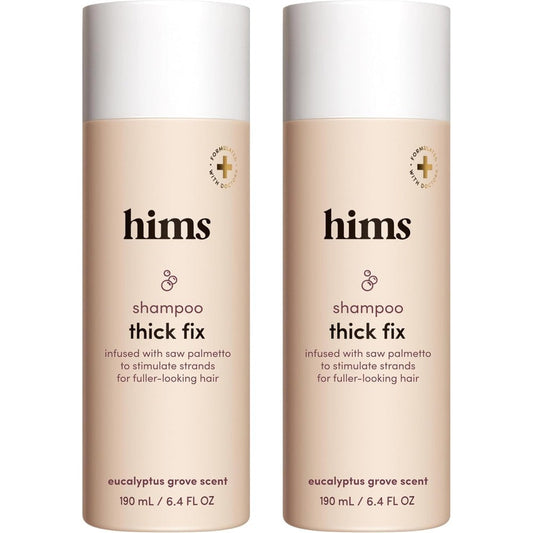 Hims Thick Fix Shampoo twin pack front view showing beige bottles