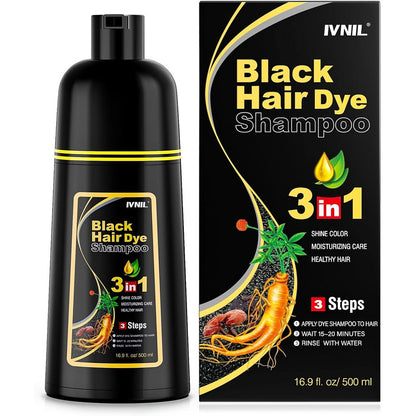 Ivnil Black Hair Dye Shampoo 3 in 1 front view of five hundred milliliter bottle