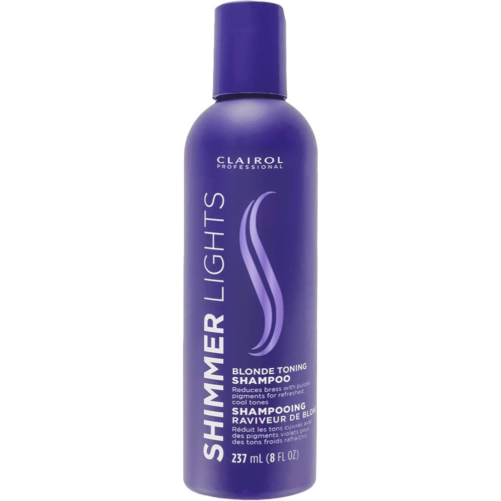 Clairol Professional Shimmer Lights Purple Shampoo front view bottle for blonde and silver hair